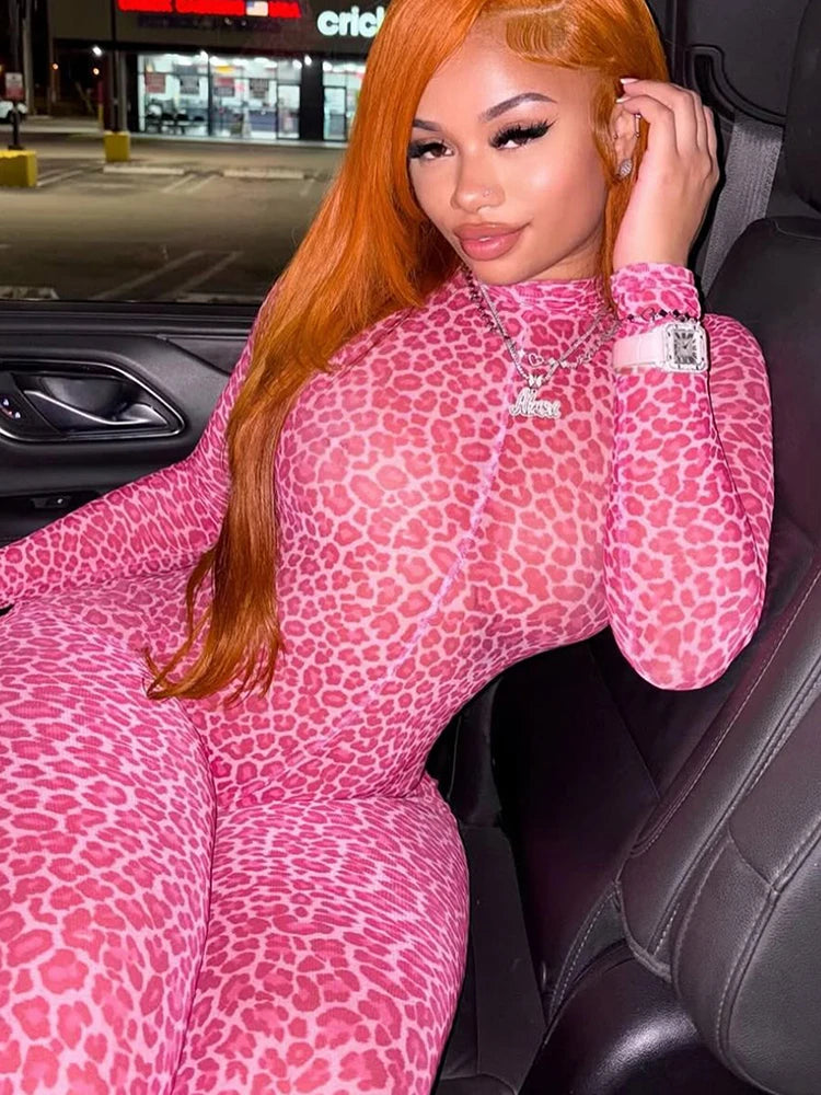 Nibber Hottie Leopard Print Jumpsuits Women Mesh Patchwork Turtleneck Backless Full Sleeve Skinny Peach Hip Hipster Overalls