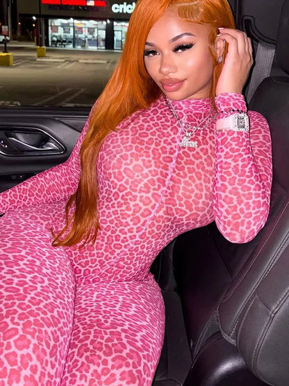Nibber Hottie Leopard Print Jumpsuits Women Mesh Patchwork Turtleneck Backless Full Sleeve Skinny Peach Hip Hipster Overalls