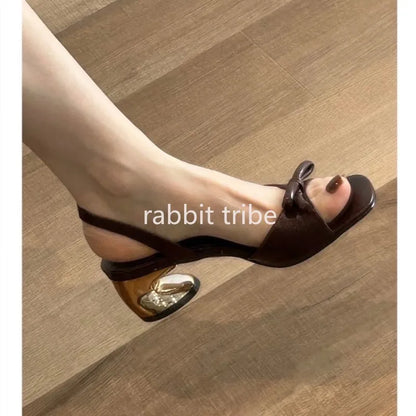 2026 New Fashion Designer's One Word Bow Women's Sandals Luxury Square Head Fish Mouth Women's Shoes