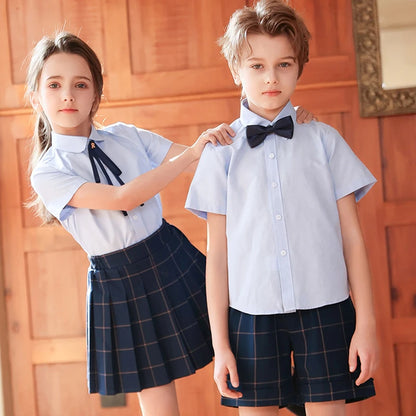Children Summer Kindergarten School Uniforms Girls Pleated Skirts JK Suit Boys Shirt Shorts Bowtie Wedding Performance Costume