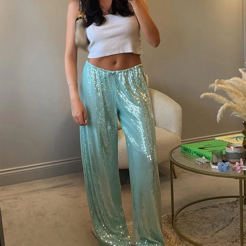 Elegant Sequined Women's Trouser Mid-Waist Lace Up Straight Mop Pants 2026 Summer Autumn Fashion Female All-Match Bottom
