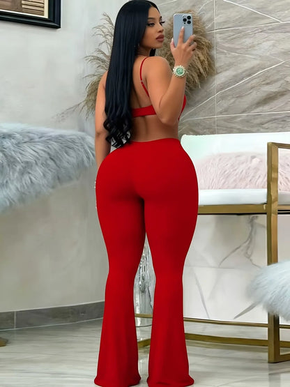 Summer Woman Jumpsuit Red Backless Jumpsuits High Waist Flared Leg Women's Elegant Romper Black Cut Out Waist Long Jumpsuit