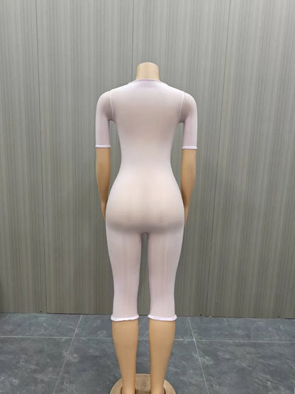 FLARORA Sexy Mesh See Through Rompers Woman Trend O Neck Short Sleeve Skinny Peach Hip Playsuits Stretch Midnight Party Clubwear