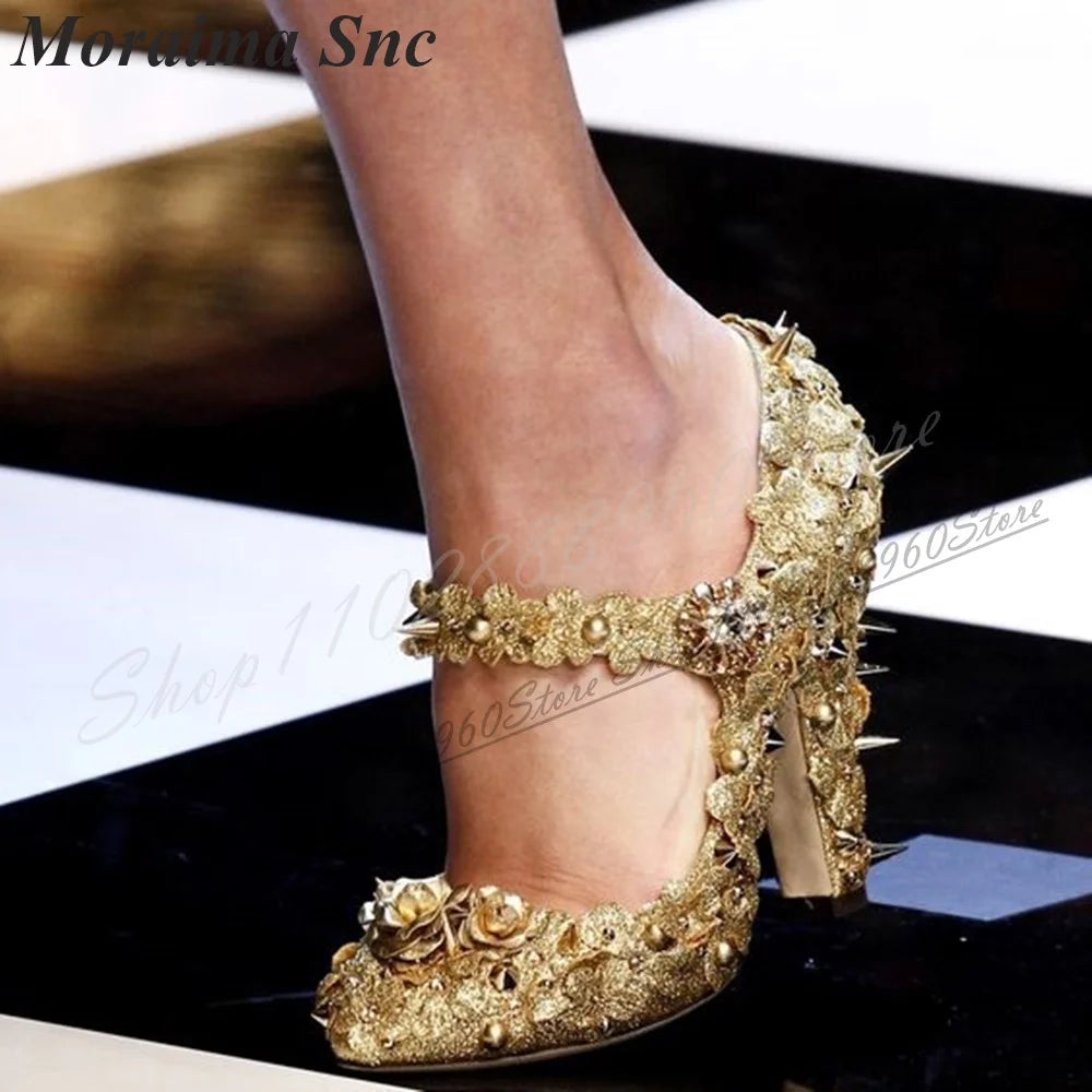 Runway Silver Glitter Rivet Flower Pumps Chunky High Heel Shoes For Women Button Strap Pointed Toe 2025 Zapatos Para Mujere