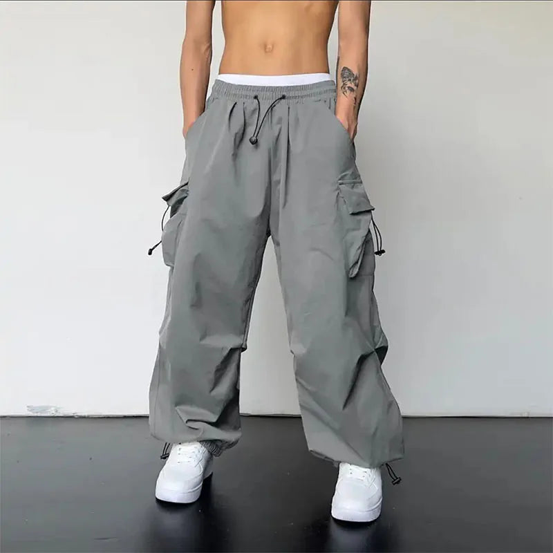 American High Street Summer Loose Straight Parachute Pants Men Solid Elastic Waist Pocket Casual Motion Wide Leg Cargo Trousers