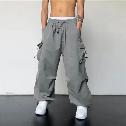 American High Street Summer Loose Straight Parachute Pants Men Solid Elastic Waist Pocket Casual Motion Wide Leg Cargo Trousers