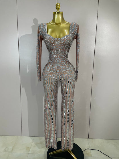 Sparkly Black Rhinestones Sequined Fringe Jumpsuit Women Sexy Nightclub Party Birthday Outfit Show Singer Stage Perform Costume
