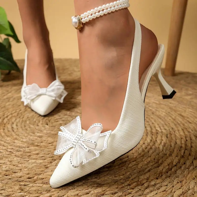 Luxury Mesh Bowknot High Heel Slingback Pumps Women Summer 2026 Brand Design White Sandals Plus Size Woman Elegant Wedding Shoes