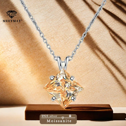 BOCARMAN S925 Sterling Silver Necklace with Colorful Princess Cut Moissanite Inlay Clavicle Chain Pendant for Women Gift