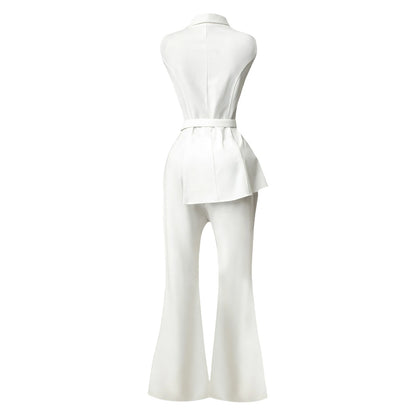 New Women V-neck Sleeveless Work Jumpsuit Elegant Lady Lapel Side Zip Split Flared Rompers Bodysuit for Club Vacation Daily Wear