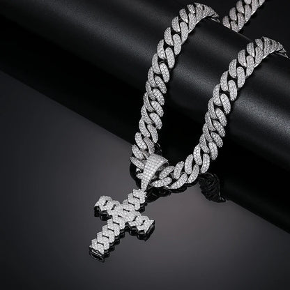 12mm Cuban Chain Men Women Hip Hop Cross Pendant Necklace D VVS Moissanite Iced Out Bling 925 Sterling Silver Necklaces Jewelry