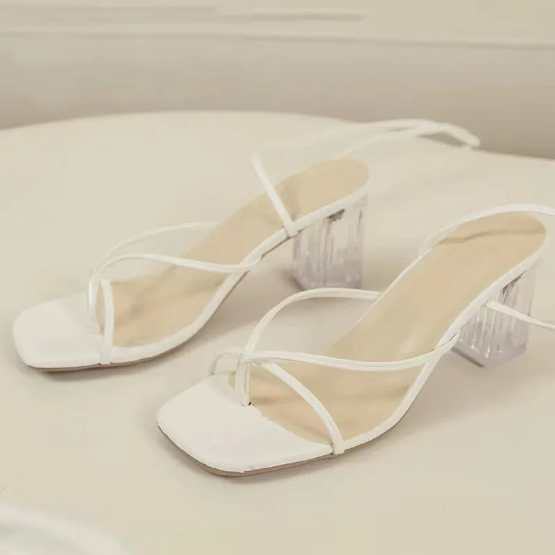 Summer Women's Sandals Flip Flop Lace Up High Heels Elegant Plus Size Square Head Party Shoes Fashion Luxury Shoes for Women New