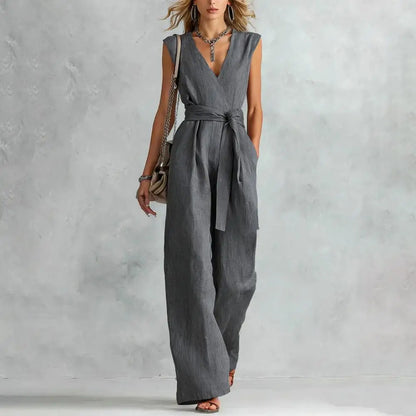 Women's Jumpsuit Sleeveless Women Jumpsuit Summer Causal Tie Waist Wide Leg Long Pants Rompers Summer V Neck One Piece Overalls