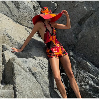 Colorful Print Backless Playsuit Women Sexy Halter Deep V-neck Sleeveless Ruffle Hem Jumpsuits Rompers Beach Holiday Bodysuits