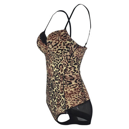 Printing Leopard Bodysuit For Women Holiday Tight Leotard With Underwire Cup