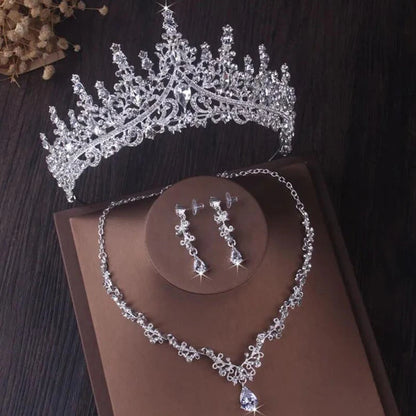 Elegant Silver Color Crystal Bridal Jewelry Sets Princess Tiara Crown and Necklace Earrings Sets for Bridal Wedding Prom Gifts