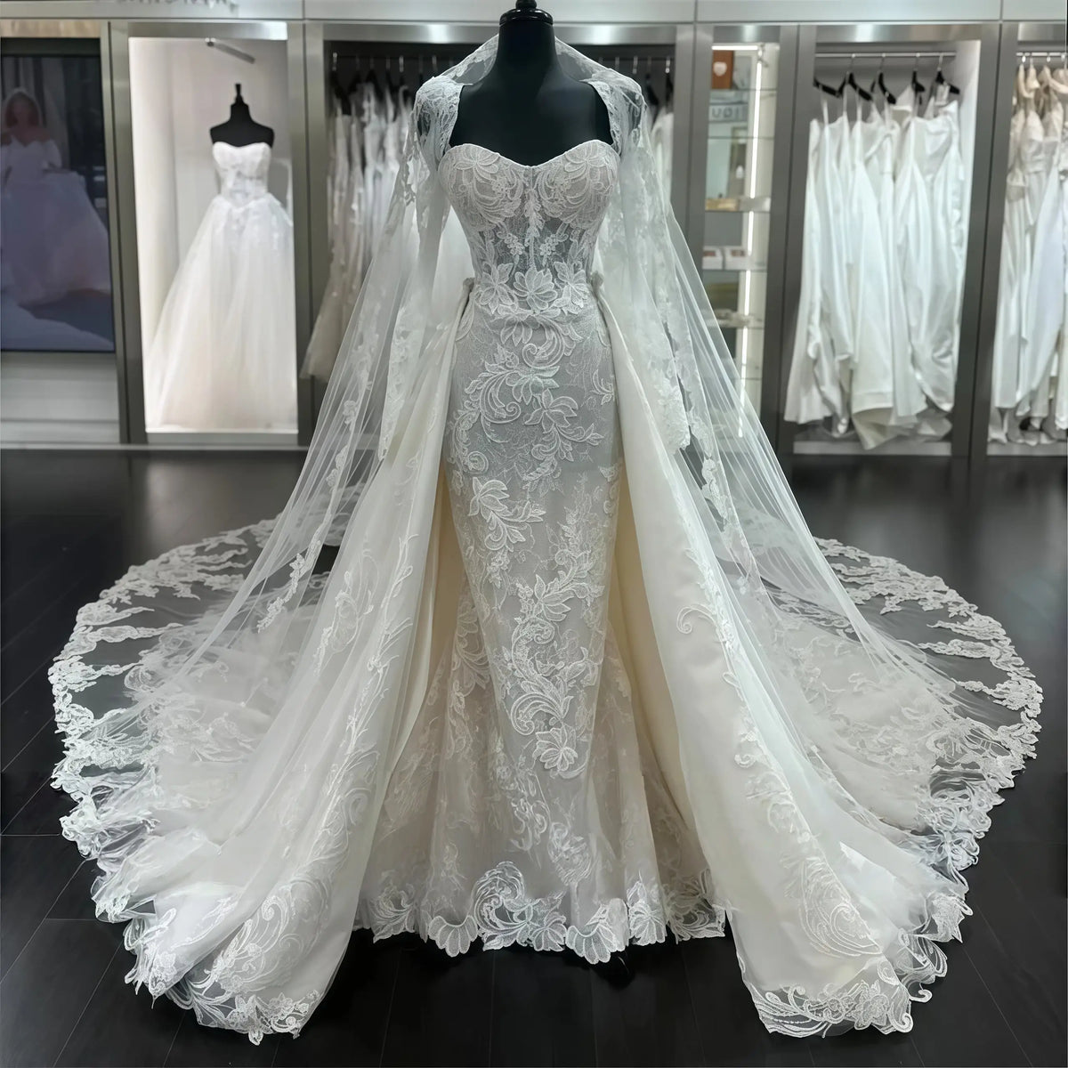 Customized Luxury Sweetheart Neckline 2 In 1 Wedding Dresses With Beadings Lace Appliques Detachable Train Bridal Gown