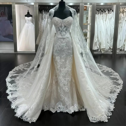 Customized Luxury Sweetheart Neckline 2 In 1 Wedding Dresses With Beadings Lace Appliques Detachable Train Bridal Gown