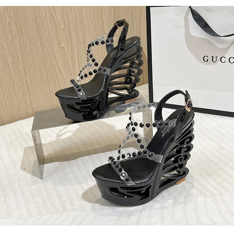Voesnees Summer New Hollow Out Wedge Women's Pumps Shiny Sequins Fashion Party Shoes Club Heels Transparent Narrow Belt Sandals