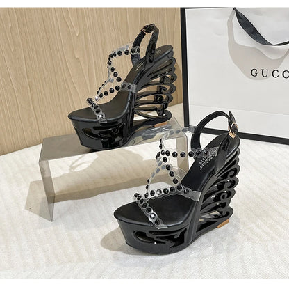 Voesnees Summer New Hollow Out Wedge Women's Pumps Shiny Sequins Fashion Party Shoes Club Heels Transparent Narrow Belt Sandals