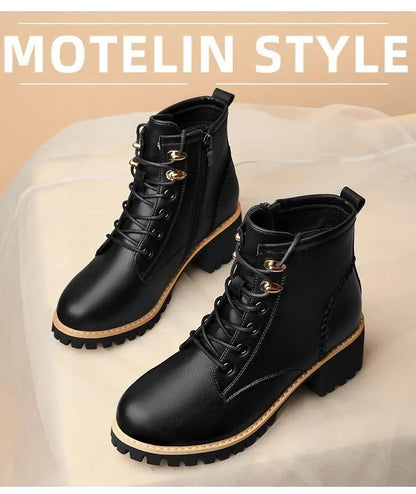 Women Shoes Boots Ankle 2022 New Autumn British Wind Genuine Leather Thick With Fur Ladies Short Boots Motorcycle heels boots