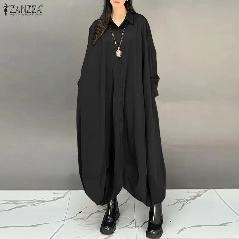 ZANZEA Women's Oversized Jumpsuits Collared Long Sleeves Button Up Drop-Crotch Harem Pant Overalls Casual Streetwear Playsuits