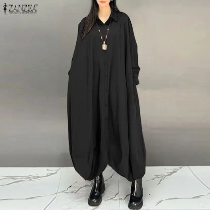 ZANZEA Women's Oversized Jumpsuits Collared Long Sleeves Button Up Drop-Crotch Harem Pant Overalls Casual Streetwear Playsuits
