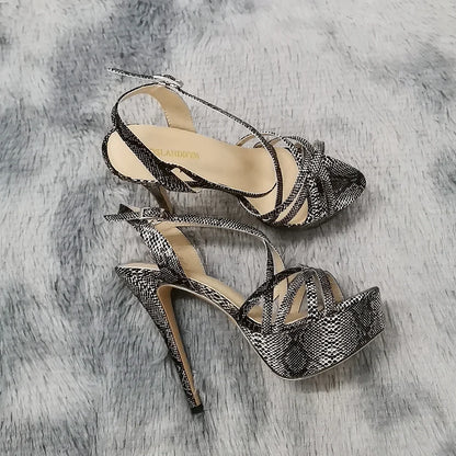 Women Sandals Catwalk Shows 14CM Open Toe Platform High Heels Snake Pattern Stilettos Sexy Ankle Strap Gladiator Party Shoes