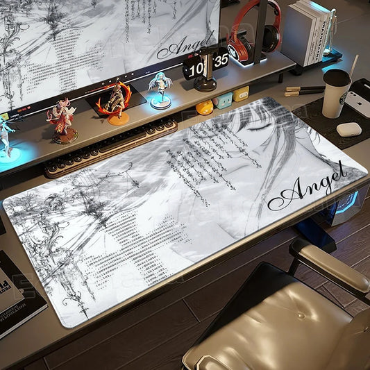 Black White Angel Mouse Pad Large PC Gaming Anime Pretty Girl DeskMat XXL Cartoon Laptop Keyboard Gamer Accessories Office Setup