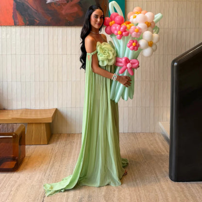 Elegant Flowers Off the Shoulder Evening Dress Delicate Watteau Train Strapless Customized Celebrity Gowns Soft Chiffon Gown