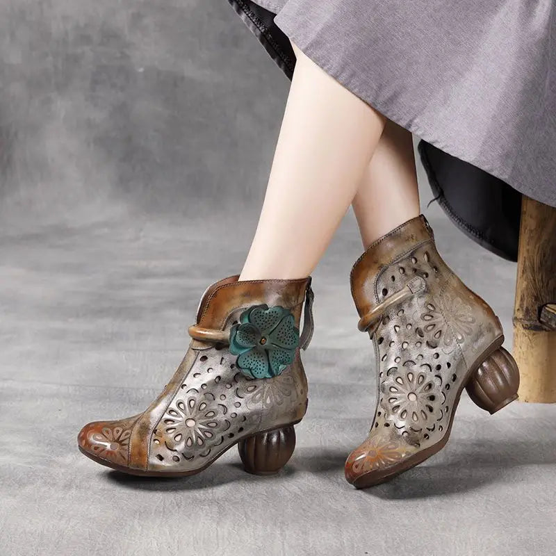 Myjyjz 6cm Genuine Leather Chunky Heels Hollow Women Shoes Ethnic Ankle Boots Zip Summer Pumps Flower Sandals (Size Runs Small）