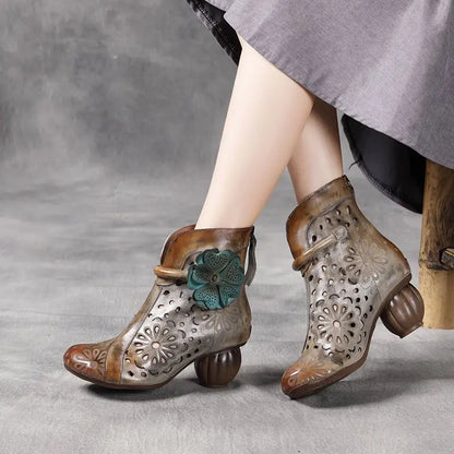Myjyjz 6cm Genuine Leather Chunky Heels Hollow Women Shoes Ethnic Ankle Boots Zip Summer Pumps Flower Sandals (Size Runs Small）