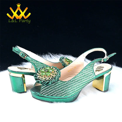 2024 Special New Arrivals Italian Women Shoes and Bag to Match in Green Color with Platform Shinning Crystal Sandal for Wedding