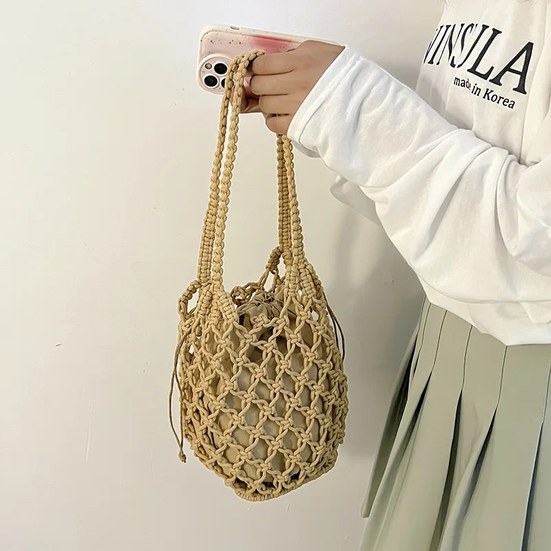 Summer Beach Bag For Women Mesh Rope Knitted Bucket Shoulder Bags  Reticulate Hollow Travel Shopper Totes Ladies Fashion Handbag