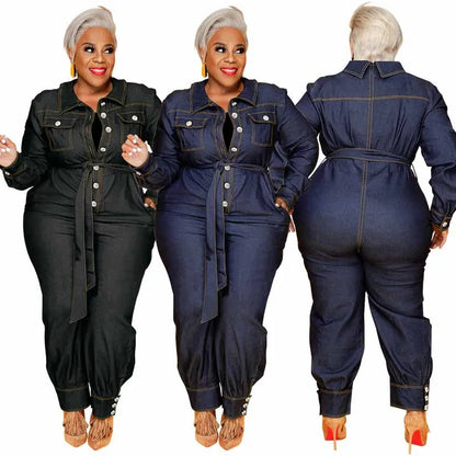 Jumpsuits Women Denim One Piece Turn Down Collar Y2k Streetwear Overalls Long Pants Lace Up High Waist Casual Spring Rompers