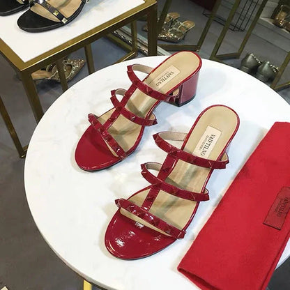 Women's Sandals Gladiator Summer With Heels Real Leather Rivets Luxury Brand High-heeled slippers Designer Silver Ladies Shoes