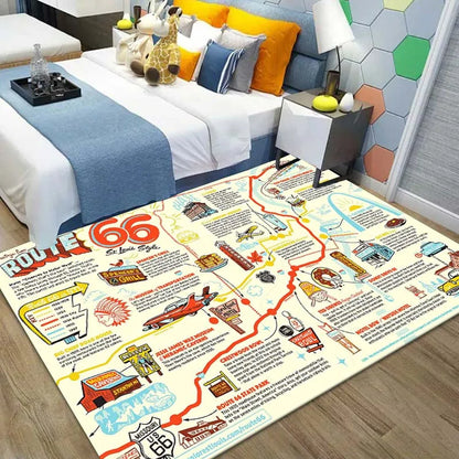 Route 66 Motorcycle Pattern Print Flannel Area Rug Americana Theme Soft Comfortable Floor Mat For Living Room Bedroom