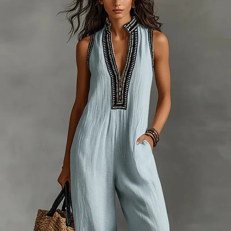 Bohemian Vacation Jumpsuit for Woman 2026 Spring Sexy Print Deep V Neck Hollow Rompers Summer Sleeveless Wide Leg Pants Overalls