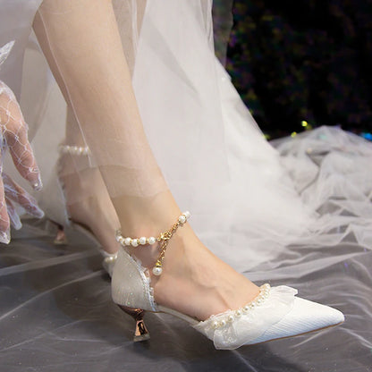Elegant Pearl Weddings Bridal Pumps for Women 2026 Summer Silk Ankle Straps High Heels Shoes Woman Pointed Toe Dress White Shoes