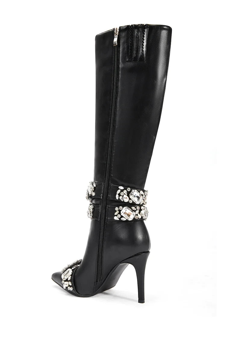 2025 Women's New Pointed Gold Crystal Buckle High Heel Slim Fit Boots Straight Tube Diamond Decoration Knee Long Boots 44