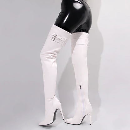 Long Boots for Women White Sexy Over Knee Boots Pointed Toe High Heels Autumn Winter Ladies Shoes Side Zipper Thigh High Boots