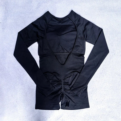 Long Sleeve One Piece Set Women Clothes Backless Gym Set Seamless Yoga Set Bodysuit Workout Shorts Romper Jumpsuit Sportswear
