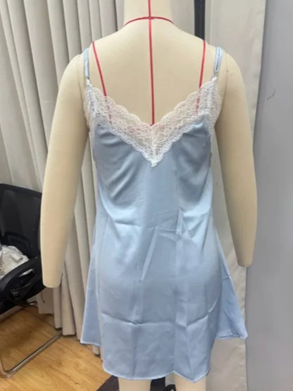 Sexy Blue Satin Lace Slip Mini Dress Women Spaghetti Strap V Neck Hollow Out Bodycon Dresses Lady Summer Beach Short Gown 2026