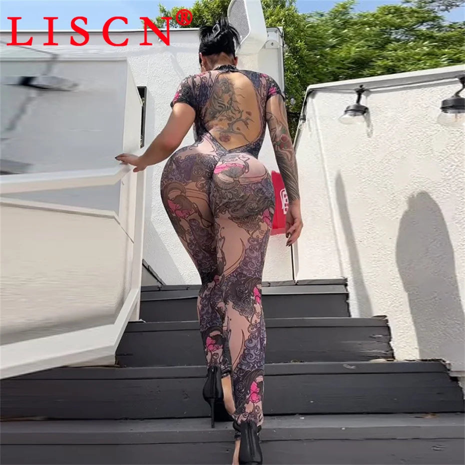 10 Wholesale Items Jumpsuits Women Summer 2025 Short Sleeve Bodycon Sexy Y2k Printing Mesh See Through Backless Rompers K15151