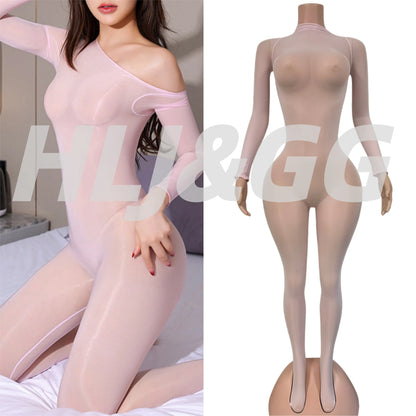 HLJ&GG Sexy Mesh See Through Bodycon One Piece Jumpsuits Women O Neck Long Sleeve Stretchy Overall Lady Party Clubwear Playsuits