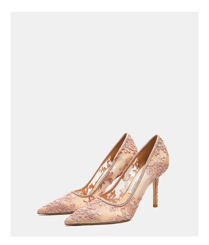 Women heels 2025 pink mesh lace Women's elegant high heels Luxury Brand Shallow Pointed Toe Sexy Pumps Ladies Prom Shoes Women