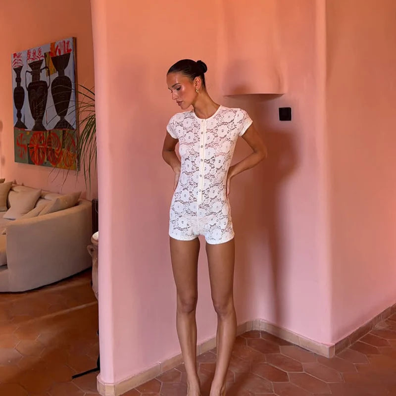 Ahagaga Casual Floral Hollow Pattern Romper Women O Neck Button Short Sleeve Playsuit Fitted Slim Jumpsuit Vacation Date Outfit