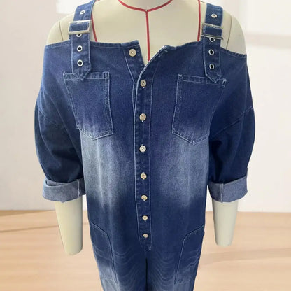 Summer Denim Jumpsuit for Women, Long Sleeve Off Shoulder Loose Bib Overall, Button Down Wide Leg Jeans Romper with Pockets