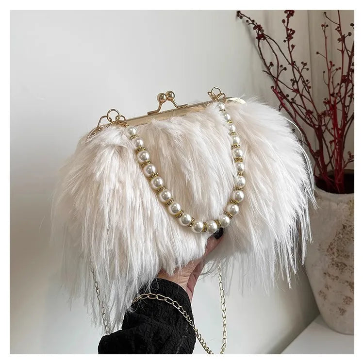 Beading Chain Women's Evening Plush Handbags Faux Fur Tassel Ladies Shoulder Bag Elegant Female Crossbody Bags Party Furry Purse