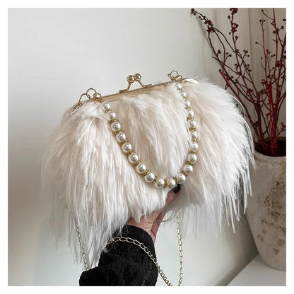 Beading Chain Women's Evening Plush Handbags Faux Fur Tassel Ladies Shoulder Bag Elegant Female Crossbody Bags Party Furry Purse